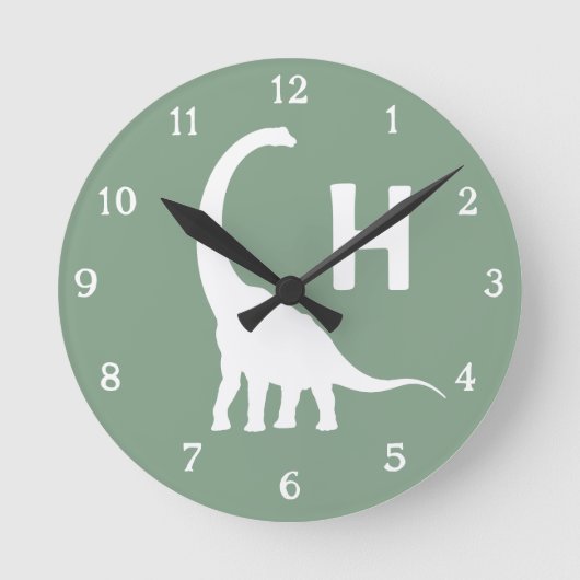 Personalized Brontosaurus Kids Wall Clock Sage Gre Runde Wanduhr (Vorderseite)