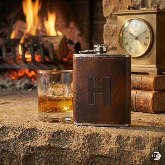 Personalized Brown Leather Hip Monogram Initial H  Flachmann