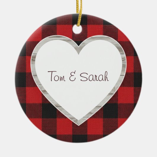 Personalized Buffalo Plaid Heart Rustic  Keramik Ornament (Vorne)