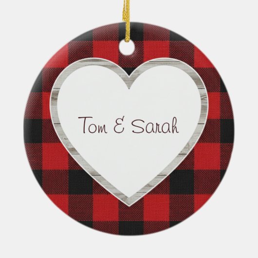 Personalized Buffalo Plaid Heart Rustic  Keramik Ornament (Hinten)