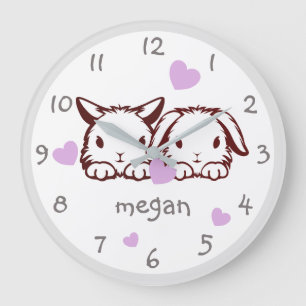 Personalized Bunny Purple Heart Nursery Wall Clock Große Wanduhr