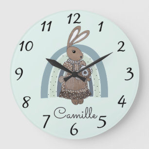 Personalized Bunny Rainbow Blue Nursery Large Cloc Große Wanduhr