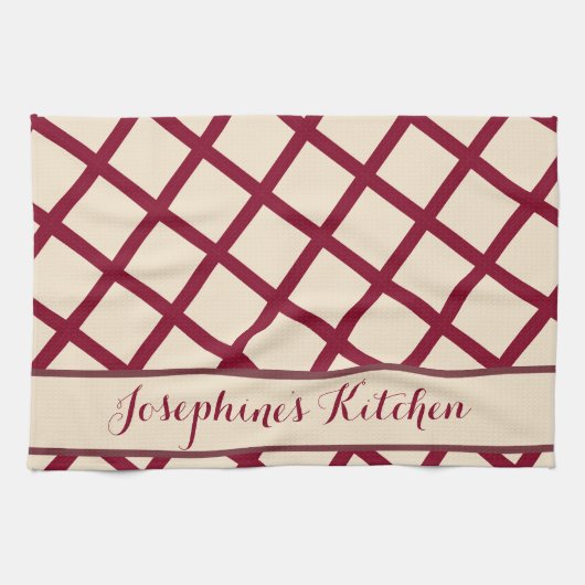 Personalized Burgundy Cream Lattice Elegant Chic Geschirrtuch (Horizontal)