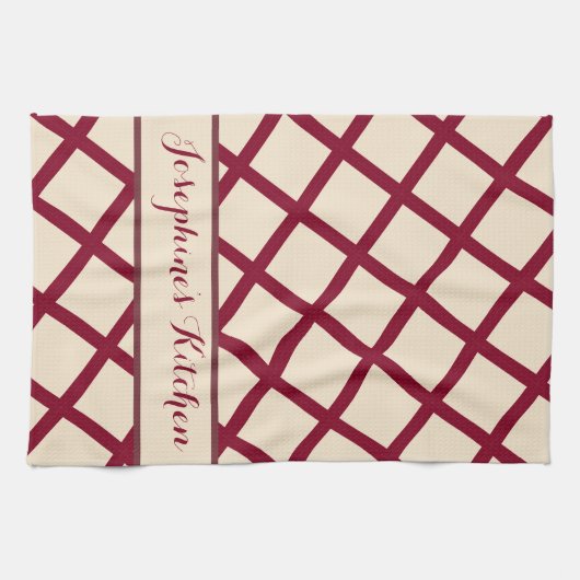Personalized Burgundy Cream Lattice Elegant Chic Geschirrtuch (Horizontal)