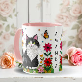 Personalized Cat, Flowers and Butterflies   Tasse