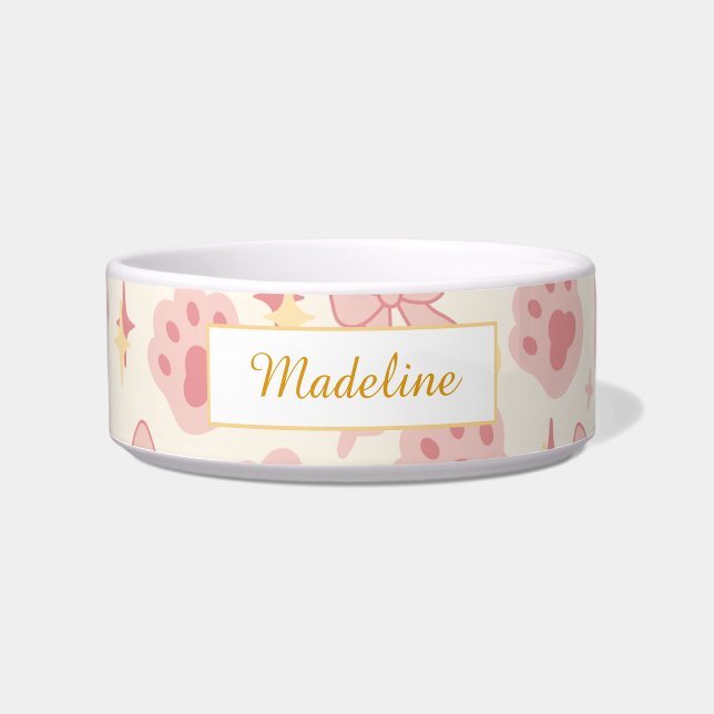 Personalized Cat Name Cat Paws Pastel Bowl Ceramic Napf (Vorderseite)