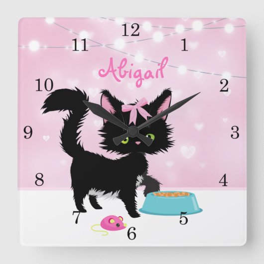 Personalized Cat Pink and White Girly Kitten Quadratische Wanduhr (Vorderseite)