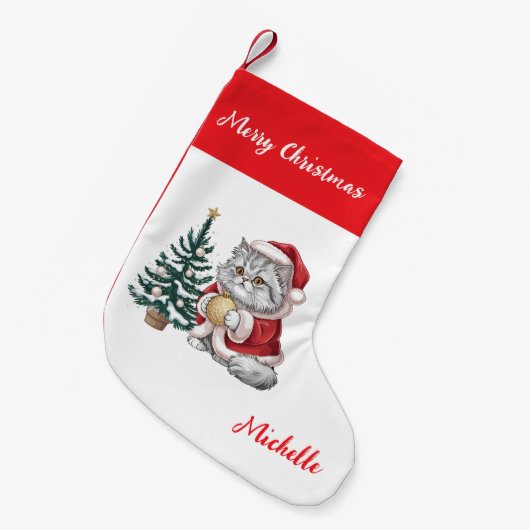 Personalized Cat with Santa Hat Christmas tree     Kleiner Weihnachtsstrumpf (Vorderansicht (hängend))