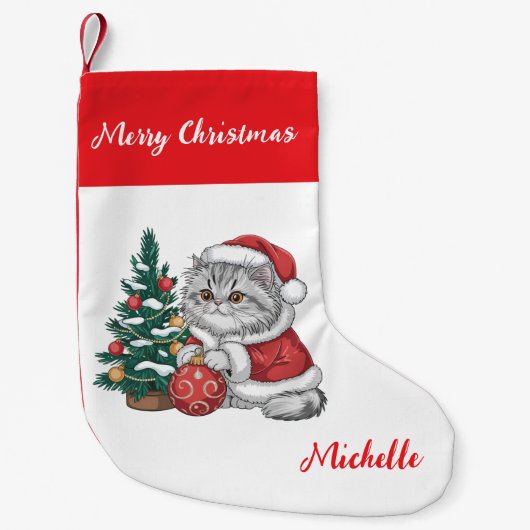 Personalized Cat with Santa Hat Christmas tree Kleiner Weihnachtsstrumpf (Vorderseite)