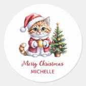 Personalized Cat with Santa Hat Christmas tree Runder Aufkleber (Vorderseite)