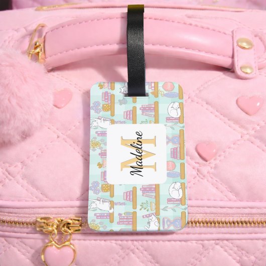 Personalized Cats Library Book Girl Mint Green Gepäckanhänger