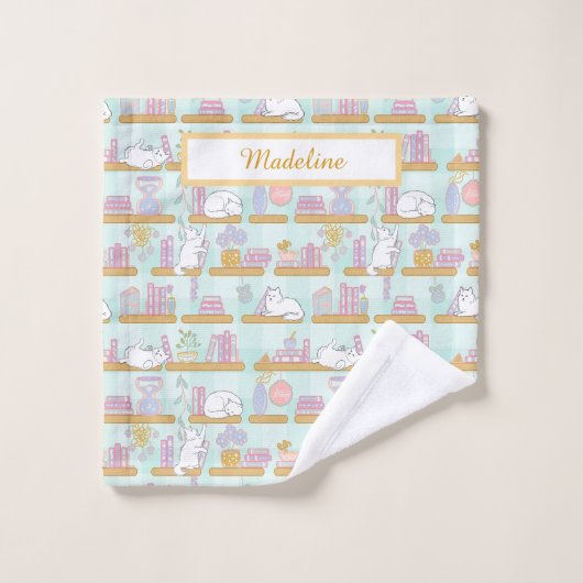 Personalized Cat's Library Bookish Pastel Green Waschlappen (Waschlappen)