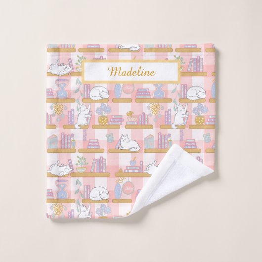 Personalized Cat's Library Bookish Pastel Pink Waschlappen (Waschlappen)