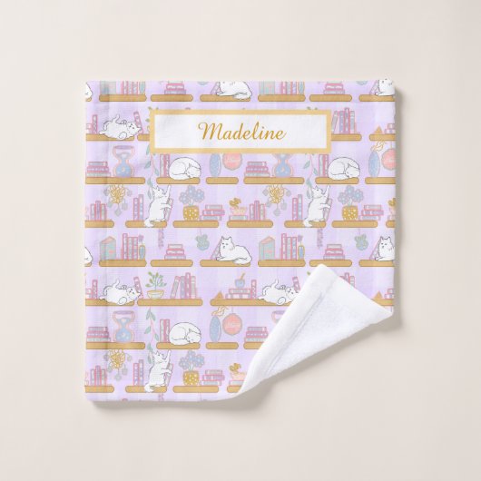 Personalized Cat's Library Bookish Pastel Purple Waschlappen (Waschlappen)