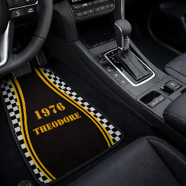 Personalized Checkerboard Yellow Stripe Year Name Autofußmatte