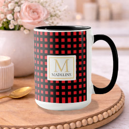 Personalized Checkered Name Mug Red Black Stripe Tasse