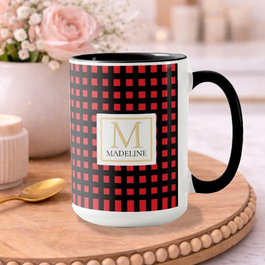Personalized Checkered Name Mug Red Black Stripe Tasse