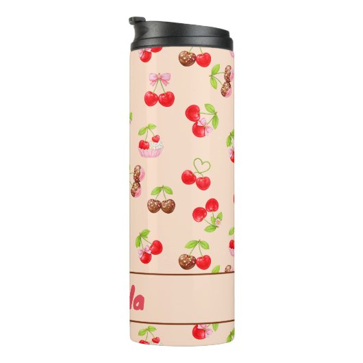 Personalized Cherry Dessert Pattern Cute Name Thermosbecher (Nach rechts gedreht)