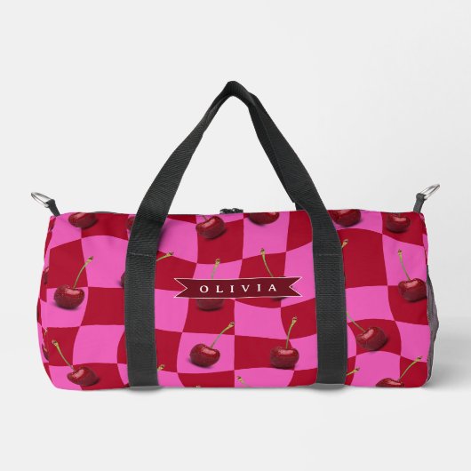 Personalized Cherry Gingham Retro Custom Name Duffle Bag (Vorderseite)