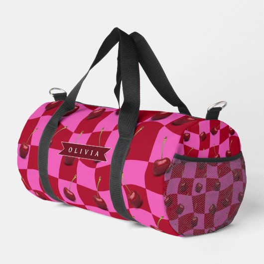 Personalized Cherry Gingham Retro Custom Name Duffle Bag (Rechte Ecke)