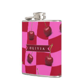 Personalized Cherry Gingham Retro Custom Name Flachmann (Links)