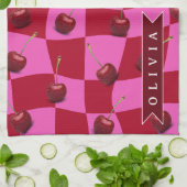 Personalized Cherry Gingham Retro Custom Name Geschirrtuch (Gefaltet)