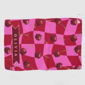 Personalized Cherry Gingham Retro Custom Name Golfhandtuch (Horizontal)
