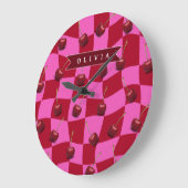 Personalized Cherry Gingham Retro Custom Name Große Wanduhr (Winkel)