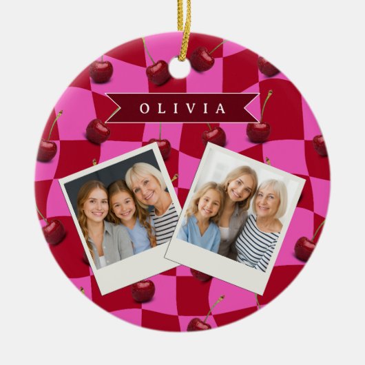 Personalized Cherry Gingham Retro Custom Name Keramik Ornament (Vorne)