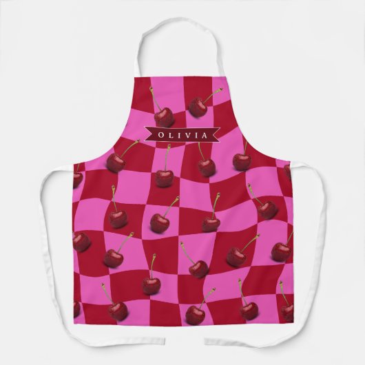 Personalized Cherry Gingham Retro Custom Name Schürze (Vorderseite)