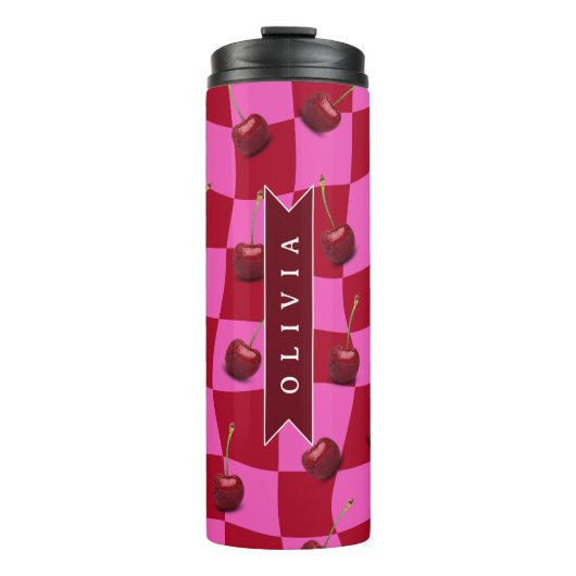 Personalized Cherry Gingham Retro Custom Name Thermosbecher (Vorderseite)
