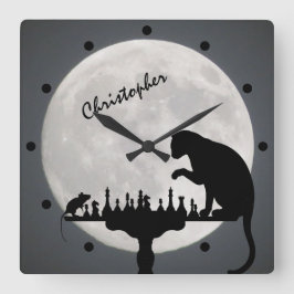 Personalized Chess Full Moon Cat and Mouse Game Quadratische Wanduhr