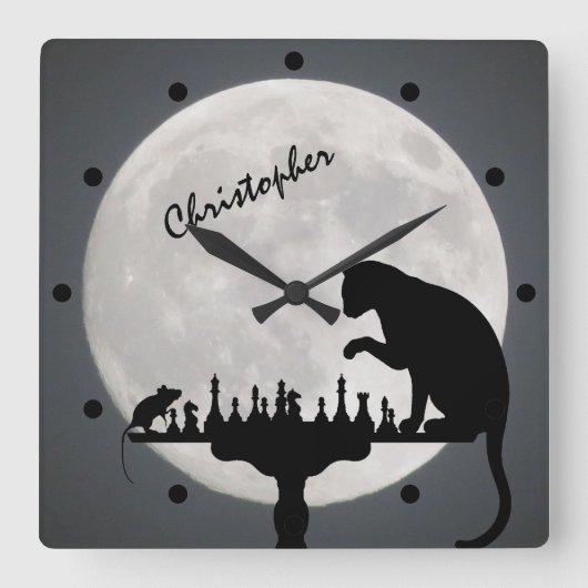 Personalized Chess Full Moon Cat and Mouse Game Quadratische Wanduhr (Vorderseite)