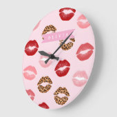 Personalized Chic Pink Leopart Print Lip Pattern Große Wanduhr (Winkel)