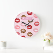 Personalized Chic Pink Leopart Print Lip Pattern Große Wanduhr (Zuhause)