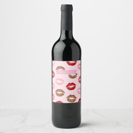 Personalized Chic Pink Leopart Print Lip Pattern Weinetikett (Vorderseite)