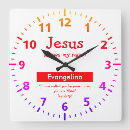 Personalized Christian Quote Colorful Kids Quadratische Wanduhr