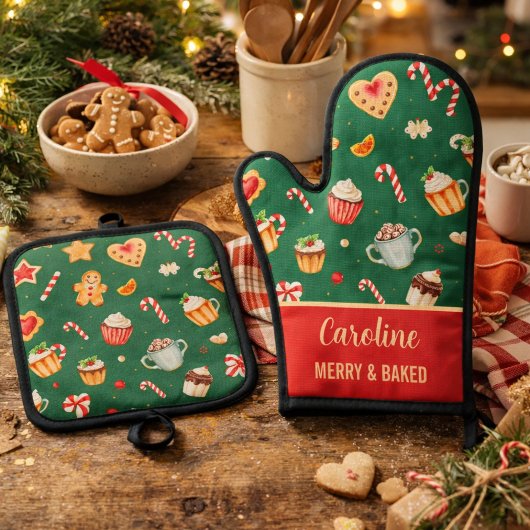 Personalized Christmas Baking Pattern Ofenhandschuh & Topflappen-Set