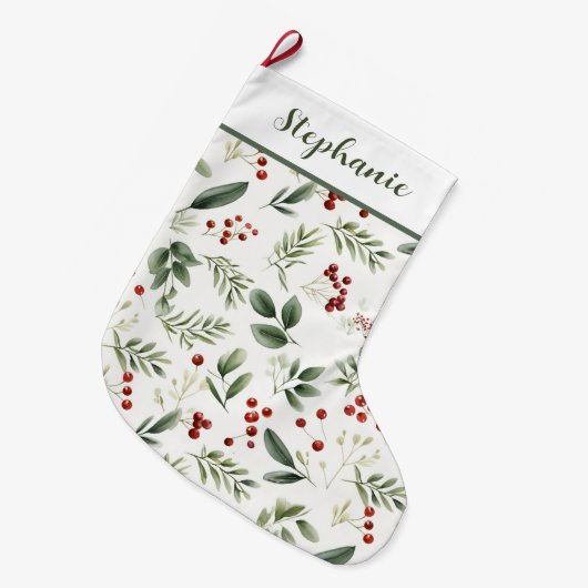 Personalized Christmas Greenery & Red Berries Großer Weihnachtsstrumpf (Vorderansicht (hängend))