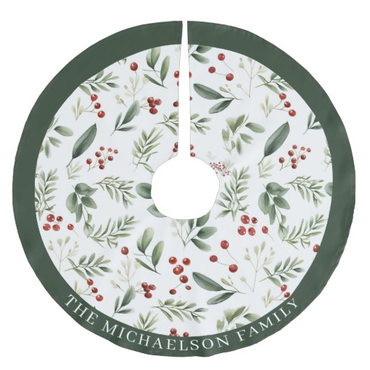 Personalized Christmas Greenery & Red Berries Polyester Weihnachtsbaumdecke (Vorderseite)
