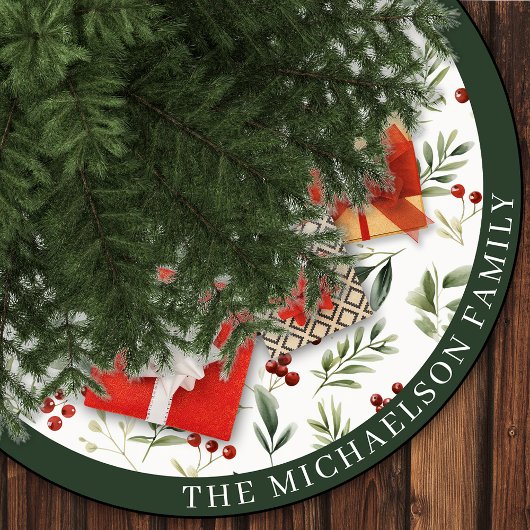 Personalized Christmas Greenery & Red Berries Polyester Weihnachtsbaumdecke