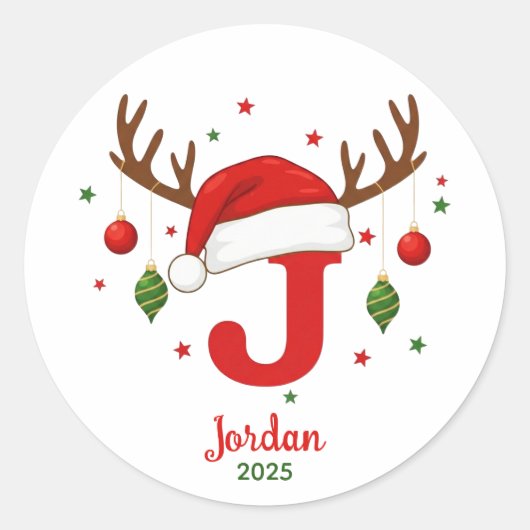 Personalized Christmas Monogram J Santa Hat Runder Aufkleber (Vorderseite)