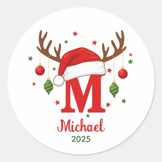 Personalized Christmas Monogram M Santa Hat Runder Aufkleber (Vorderseite)