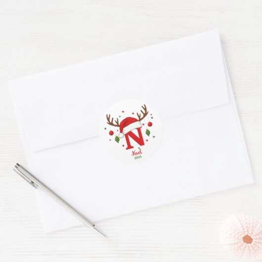 Personalized Christmas Monogram N Santa Hat Runder Aufkleber (Umschlag)