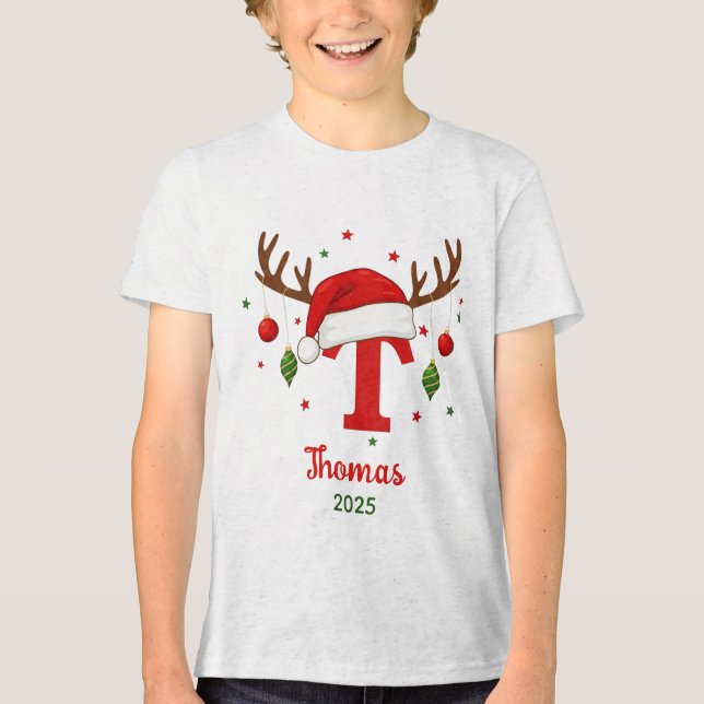 Personalized Christmas Monogram T Santa Hat Tri-Blend Shirt (Vorderseite)