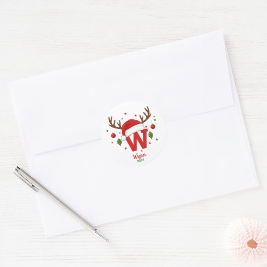 Personalized Christmas Monogram W Santa Hat Runder Aufkleber (Umschlag)