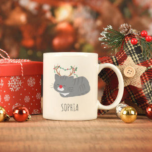 Personalized Christmas Mug, Cat Lover Reindeer Zweifarbige Tasse