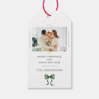 Personalized Christmas Photo Green Bow Modern Geschenkanhänger