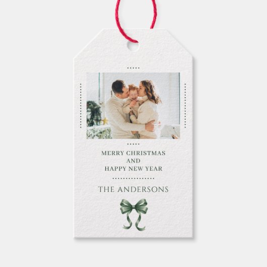 Personalized Christmas Photo Green Bow Modern Geschenkanhänger (Vorderseite)