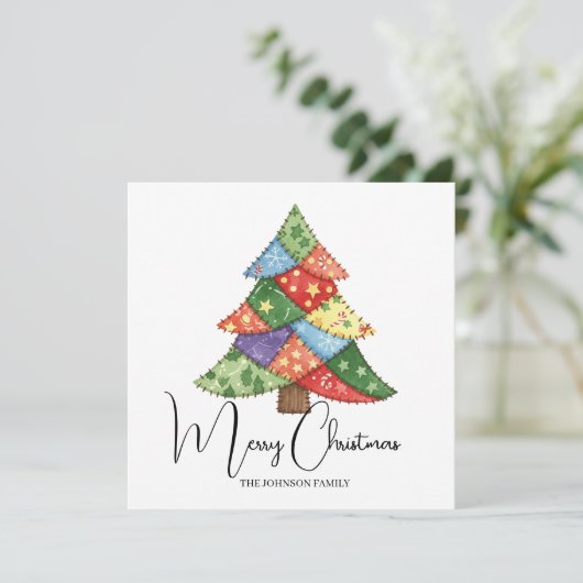 Personalized Christmas tree patchwork prints Karte (Stehend Vorderseite)